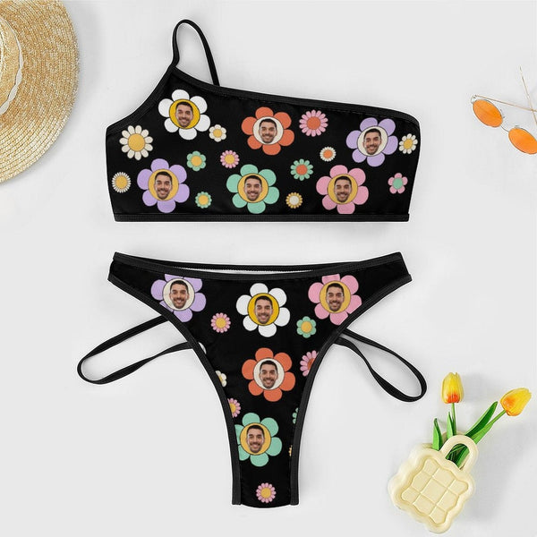 Custom Face Flower Design One Shoulder High Waited Bikini Swimsuit Personalized Women's Two Piece Bathing Suit Beach Outfits