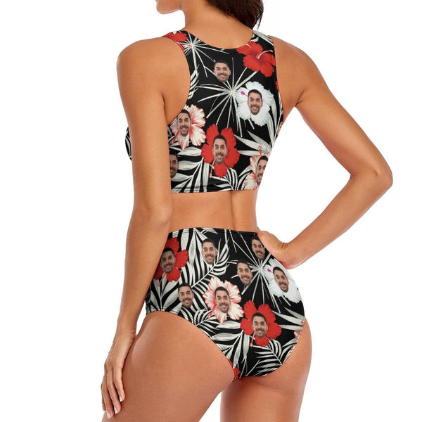 Custom Face Flowers Leaves Cutout Top High Waisted Bikini Personalized Women's Two Piece Swimsuit Beach Outfits