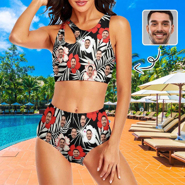 Custom Face Flowers Leaves Cutout Top High Waisted Two Piece Swimsuit