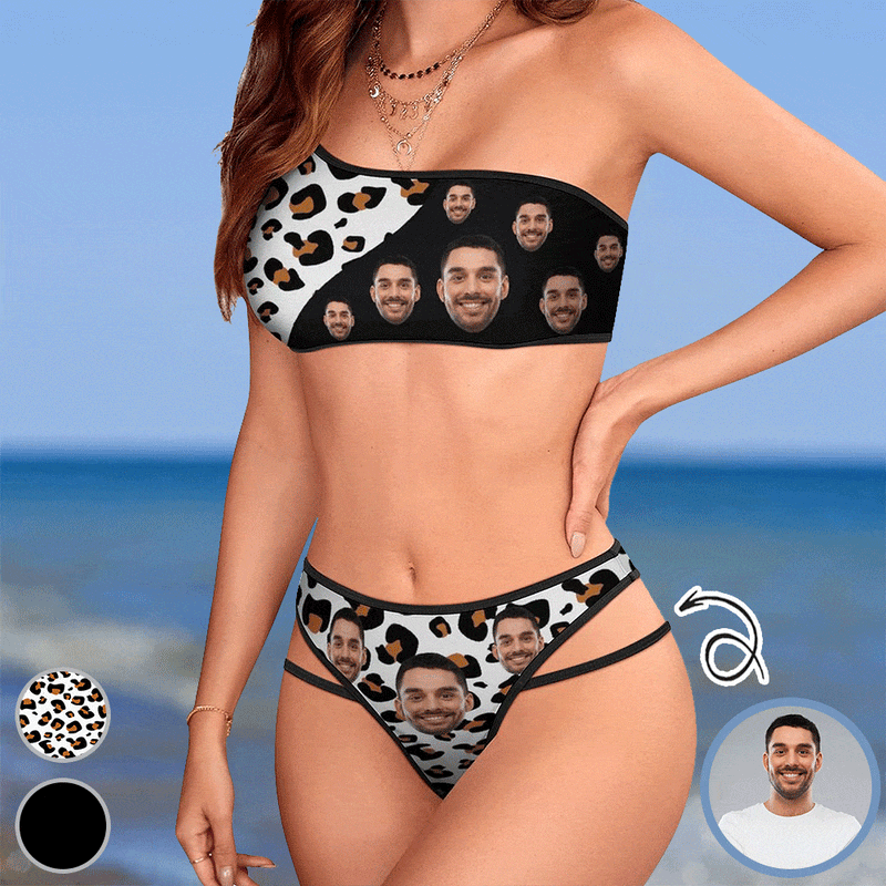 Custom Face Leopard Print And Black Design One Shoulder High Waited Bikini Swimsuit Personalized Women's Two Piece Bathing Suit Beach Outfits