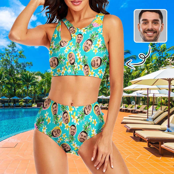 Custom Face Pineapple Cutout Top High Waisted Bikini Two Piece Swimsuit