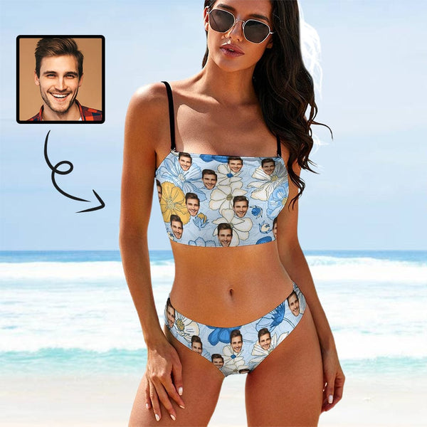 Custom Husband Face Flowers Blue Bathing Suit Women's Bikini Swimsuit