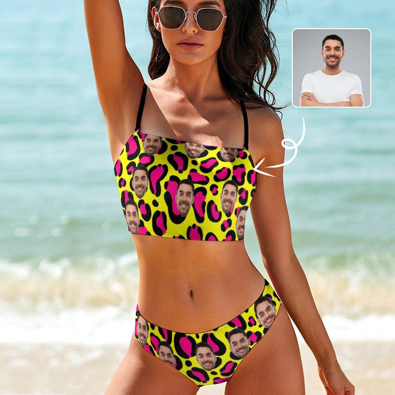 Custom Husband Face Yellow Leopard Bathing Suit Women's Bikini Swimsuit