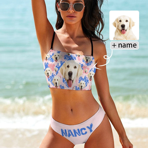 Custom Pet Face&Name Leaves Bathing Suit Women's Bikini Swimsuit