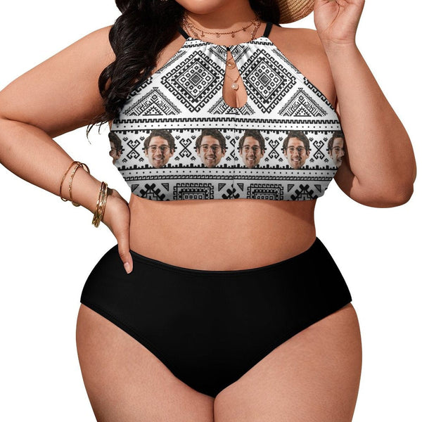 #Plus Size Halter Bikini-Custom Face Holiday Style Plus Size Swimsuit High Neck Cutout High Waisted Bikini Personalized Women's Two Piece Swimsuit Beach Outfits