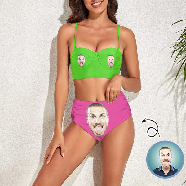 Custom Face Attractive Color Contrast Two-piece Highe Waist Bikini Swimsuit