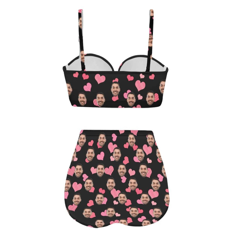 Custom Face Pink Heart Black Two-piece Highe Waist Bikini Swimsuit