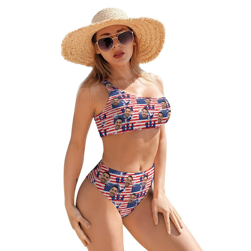 Custom Face American Flag One Shoulder Stringless Low Waited Bikini Personalized Women's Two Piece Swimsuit Beach Outfits