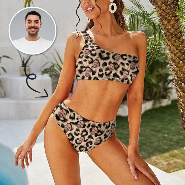 Custom Face Leopard One Shoulder Stringless Low Waited Bikini Personalized Women's Two Piece Swimsuit Beach Outfits