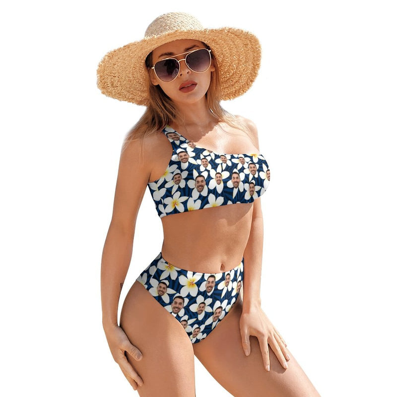 Custom Face Lily Flowers One Shoulder Stringless Low Waited Bikini Personalized Women's Two Piece Swimsuit Beach Outfits