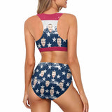 Custom Face American Flag Style High Crew Neck High Waisted Bikini Personalized Women's Two Piece Swimsuit Beach Outfits