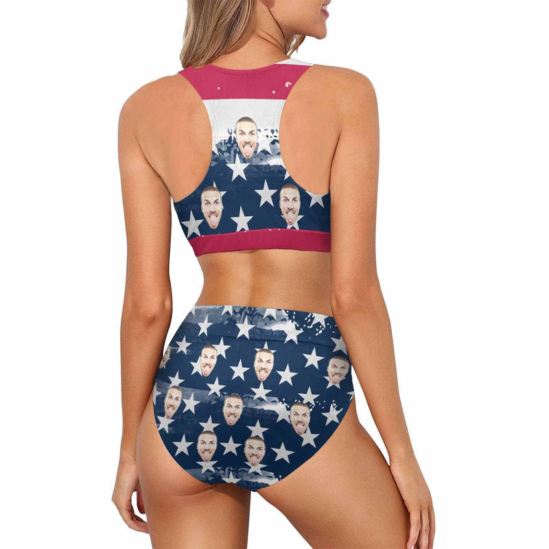 Custom Face American Flag Style High Crew Neck High Waisted Bikini Personalized Women's Two Piece Swimsuit Beach Outfits