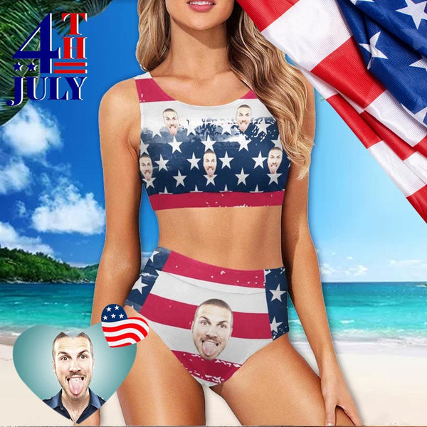 Custom Face American Flag Style High Crew Neck High Waisted Bikini Personalized Women's Two Piece Swimsuit Beach Outfits