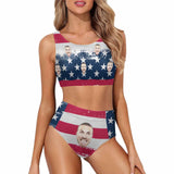 Custom Face American Flag Style High Crew Neck High Waisted Bikini Personalized Women's Two Piece Swimsuit Beach Outfits