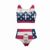 Custom Face American Flag Style High Crew Neck High Waisted Bikini Personalized Women's Two Piece Swimsuit Beach Outfits