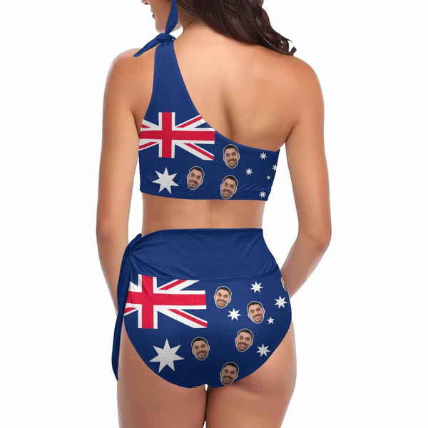 Custom Face Australian Flag Bikini Set Personalized Women's High Waisted Swimsuit One Shoulder Bathing Suit