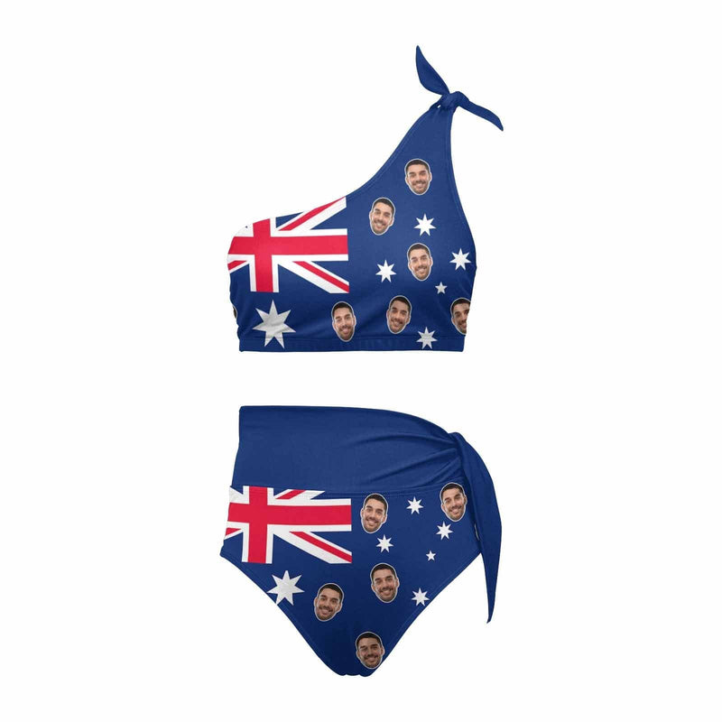 Custom Face Australian Flag Bikini Set Personalized Women's High Waisted Swimsuit One Shoulder Bathing Suit