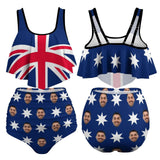 Custom Face Australian Flag Ruffle Tankini Personalized Bathing Suit Women's Two Piece High Waisted Bikini Swimsuit Summer Beach Pool Outfits