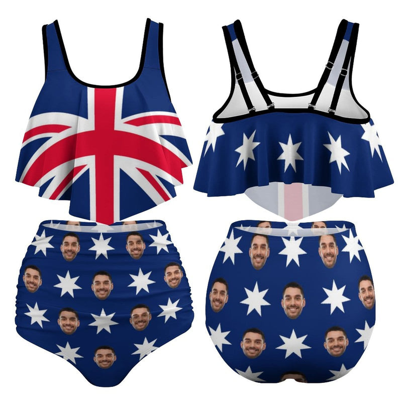 Custom Face Australian Flag Ruffle Tankini Personalized Bathing Suit Women's Two Piece High Waisted Bikini Swimsuit Summer Beach Pool Outfits