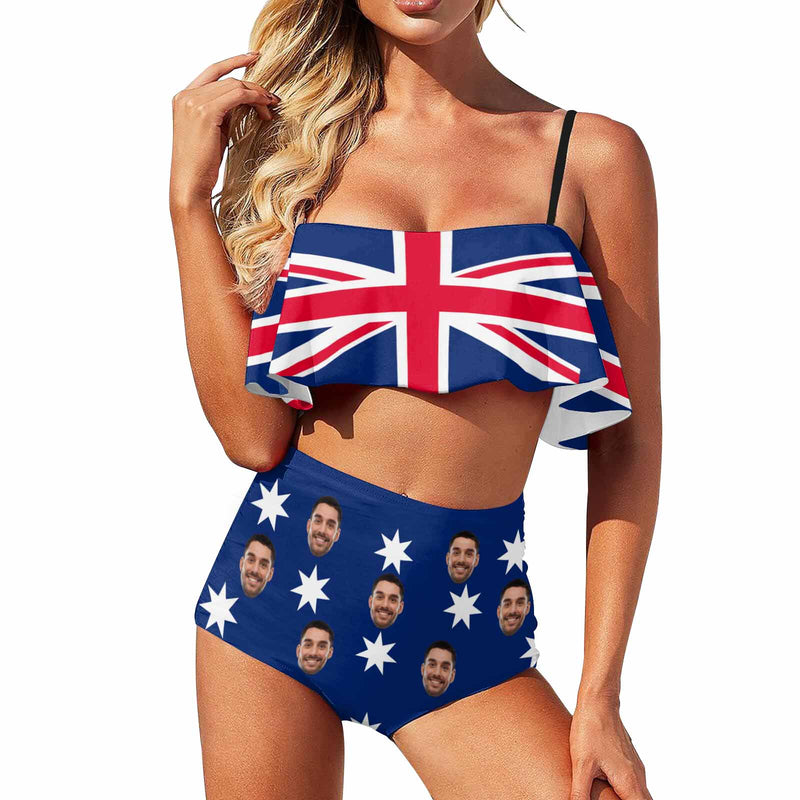 Custom Face Australian Flag Swimsuit Personalized Women's High Waisted Flounce Bikini Set Celebrate Holiday Party