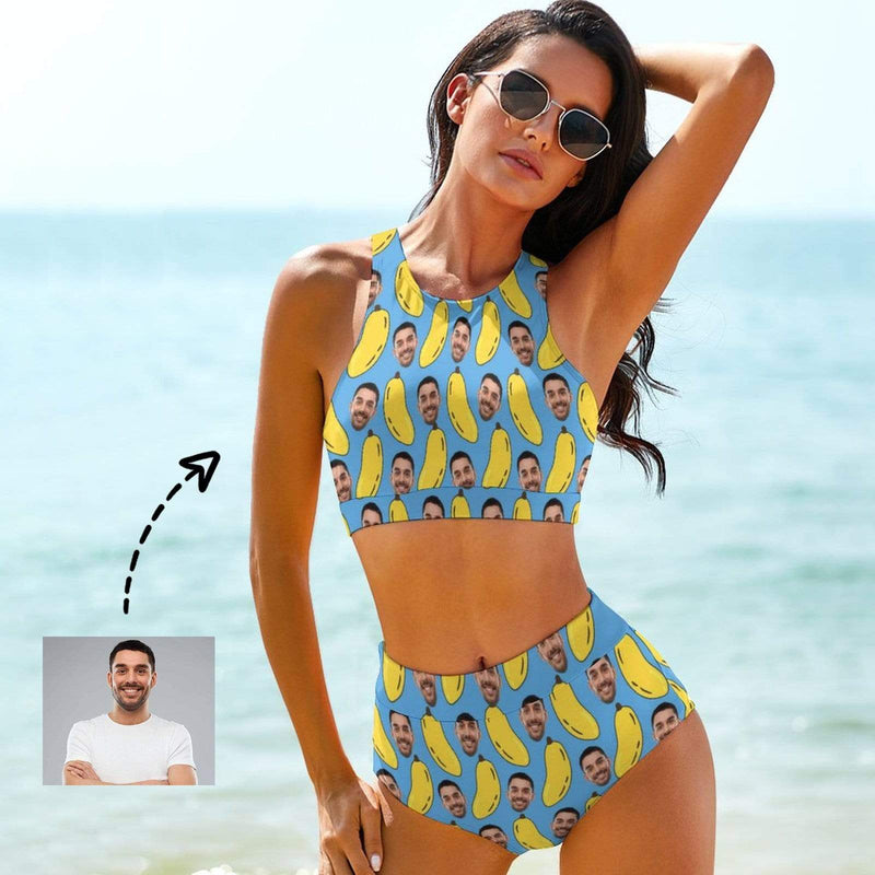 Custom Face Banana High Crew Neck High Waisted Bikini Personalized Women's Two Piece Swimsuit Beach Outfits