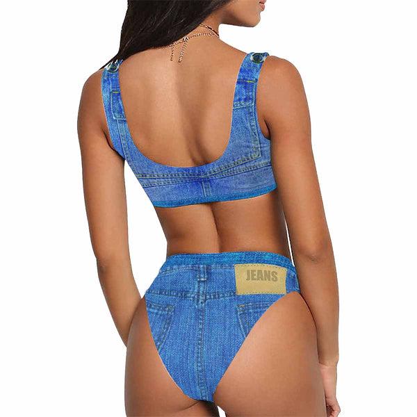 Custom Face Faux Denim Scoop Neck Sport Top High Waisted Bikini Swimsuit Personalized Women's Two Piece Bathing Suit Beach Outfits