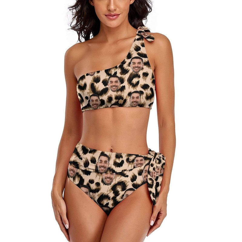 Custom Face Leopard One Shoulder Tie Side High Waited Bikini Personalized Women's Two Piece Swimsuit Beach Outfits