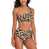 Custom Face Leopard One Shoulder Tie Side High Waited Bikini Personalized Women's Two Piece Swimsuit Beach Outfits