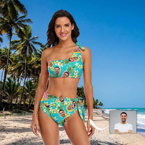 Custom Face Pineapple One Shoulder Tie Side High Waited Bikini Personalized Women's Two Piece Swimsuit Beach Outfits