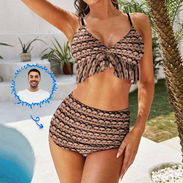 Custom Face Seamless V Neck Flounce High Waisted Bikini Personalized Bathing Suit Women's Two Piece Ruffle Hem Bikini Swimsuit Summer Beach Pool Outfits