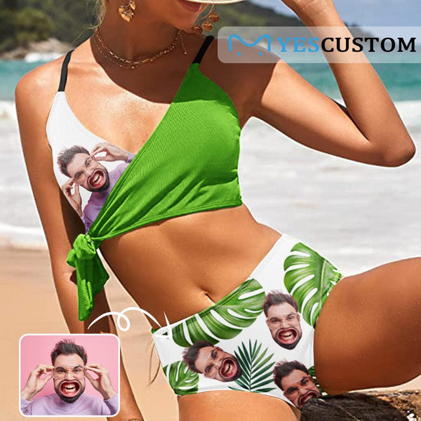 Custom Husband Face Green Leaves Knot Side Women's Two Piece Swimsuit