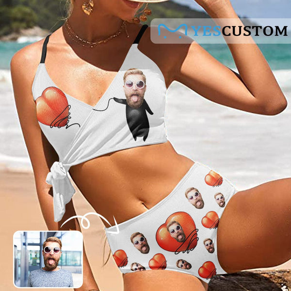 Custom Husband Face Heart Funny Knot Side Women's Two Piece Swimsuit