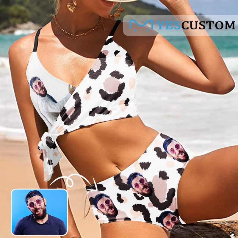 Custom Husband Face Leopard Knot Side Women's Two Piece Swimsuit