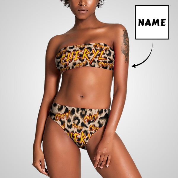 Custom Name Leopard Print Strapless Bandeau Top Cheeky Bikini Bathing Suit Personalized Women's Two Piece Swimsuit Beach Outfits