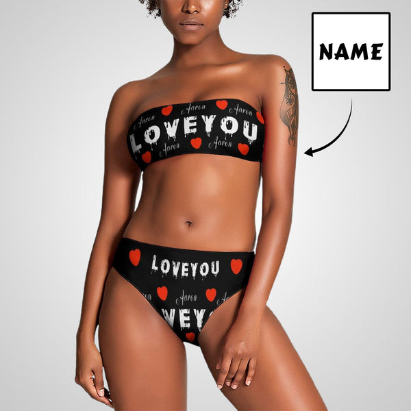 Custom Name Love You Strapless Bandeau Top Cheeky Bikini Bathing Suit Personalized Women's Two Piece Swimsuit Beach Outfits