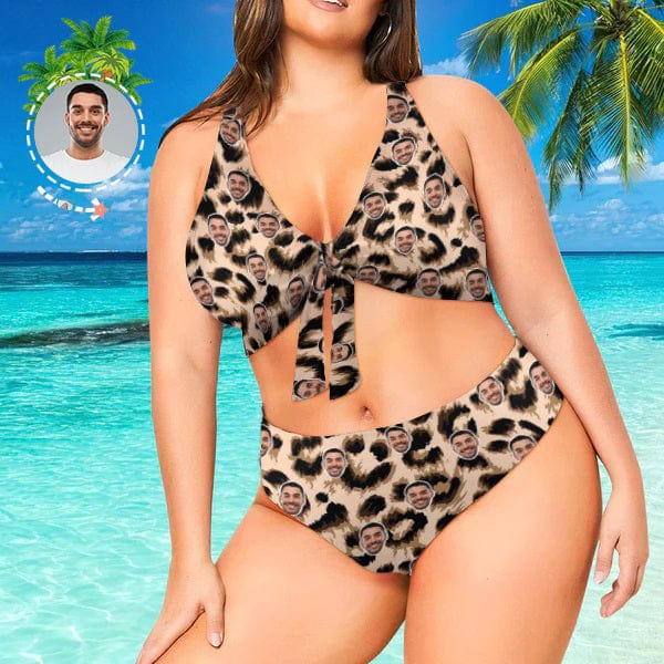 Plus Size Bikini Custom Face Leopard Personalized Women's Chest Strap Bikini Swimsuit Plus Size Swimwear Gift for Girlfriend or Wife