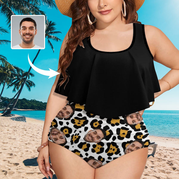 #Plus Size Ruffle Tankini-Custom Face White Leopard Plus Size Swimsuit Ruffle High Waisted Tankini Personalized Bathing Suit Women's Two Piece Summer Swimsuit Cover Your Tummy