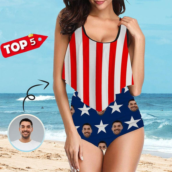 #Ruffle Tankini #4th of July #Plus Size Up 5XL Custom Face American Flag Ruffle Tankini Swimsuit Personalized Women's Two Piece Bathing Suit Summer Set Beach Pool Outfits