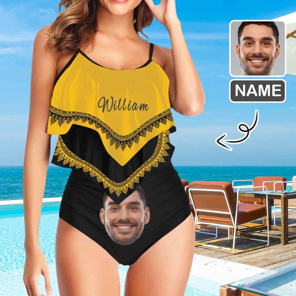 Custom Face&Name Yellow Tankini Personalized Women's Ruffle Bikini Set