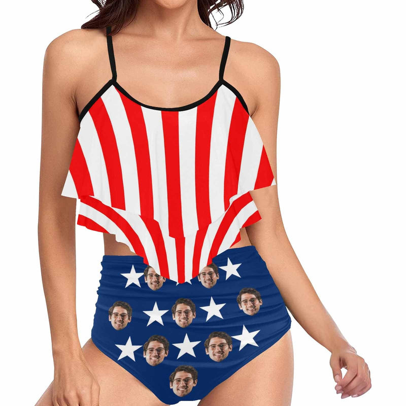 #Tankini Set #Double Ruffled Tankini Custom Face Ruffle Tankini Personalized Flag Bathing Suit Summer Swimsuit Women's High Waisted Double Ruffle Bikini Set