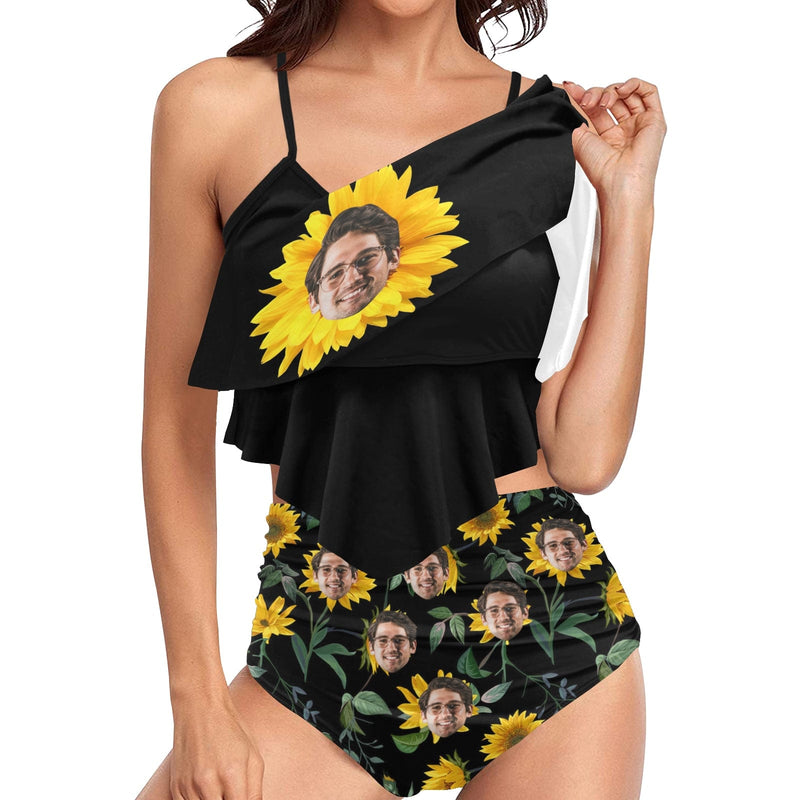 #Tankini Set #Double Ruffled Tankini Custom Face Sunflower Ruffle Tankini Personalized Bathing Suit Summer Swimsuit Women's High Waisted Double Ruffle Bikini Set