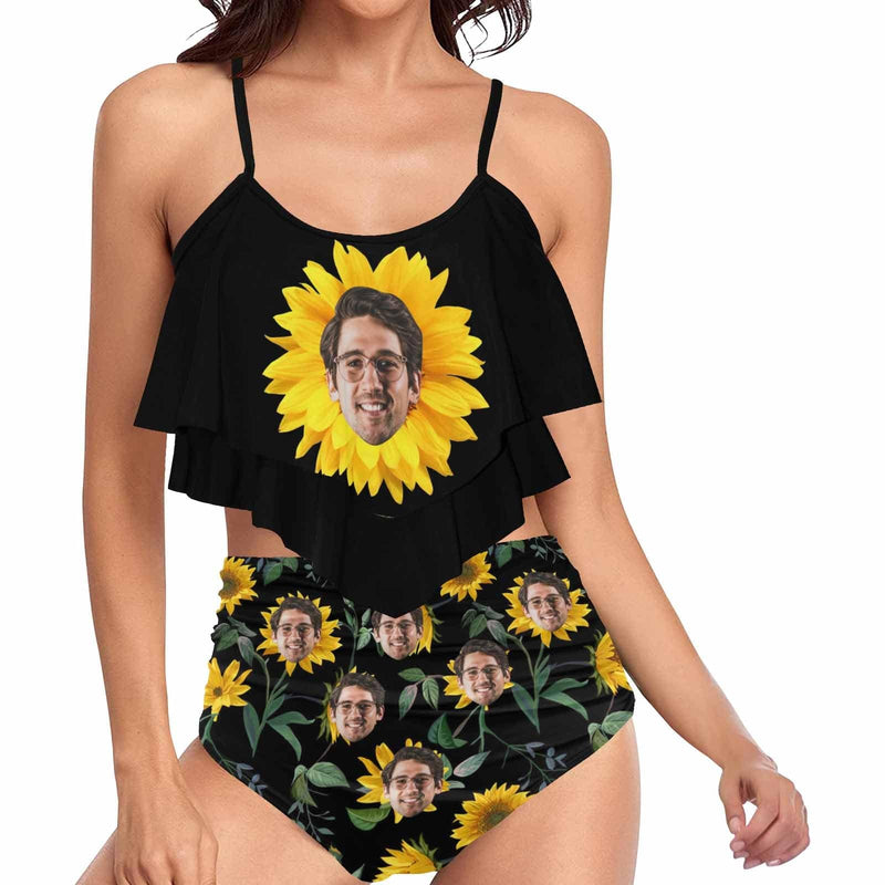 #Tankini Set #Double Ruffled Tankini Custom Face Sunflower Ruffle Tankini Personalized Bathing Suit Summer Swimsuit Women's High Waisted Double Ruffle Bikini Set