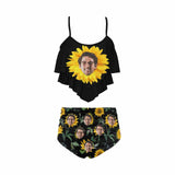 #Tankini Set #Double Ruffled Tankini Custom Face Sunflower Ruffle Tankini Personalized Bathing Suit Summer Swimsuit Women's High Waisted Double Ruffle Bikini Set