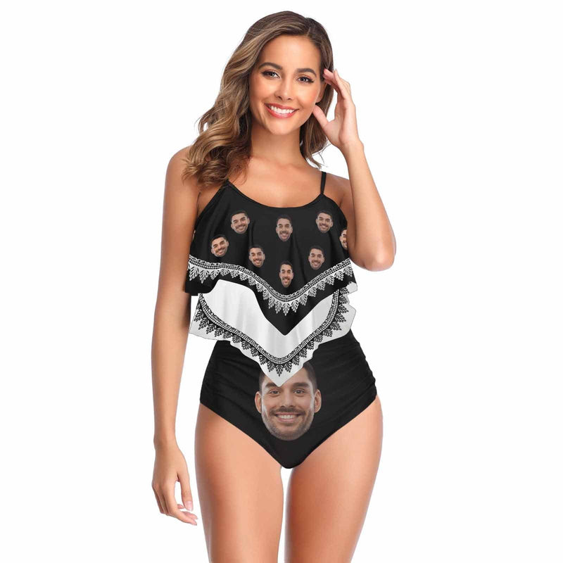 #Tankini Set #Double Ruffled Tankini Custom Husband Face Black Ruffle Tankini Personalized Bathing Suit Summer Swimsuit Women's High Waisted Double Ruffle Bikini Set