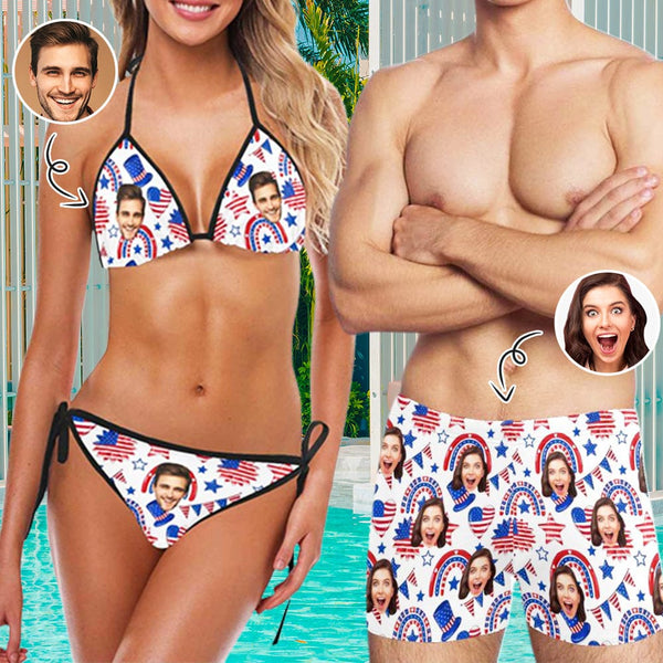 Custom Face US Flag Halter Triangle Bikini Set Men Swim Boxer Briefs