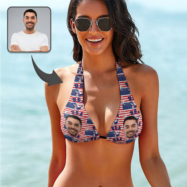 Deep V Neck-Custom Face USA Flag Personalized Bikini Swimsuit Top