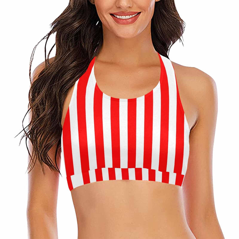 #Crewneck Tank Bikini Top - Custom Face Red Stripes Women's Beach Crop High-Neck Bikini Top