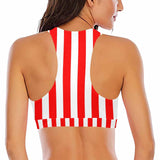 #Crewneck Tank Bikini Top - Custom Face Red Stripes Women's Beach Crop High-Neck Bikini Top