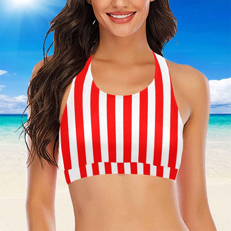 #Crewneck Tank Bikini Top - Custom Face Red Stripes Women's Beach Crop High-Neck Bikini Top