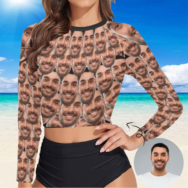 #Long Sleeve Tankini Bikini Top-Custom Funny Face Long Sleeve Swimwear Top Beach Surf Sunscreen Fashion Cropped Top